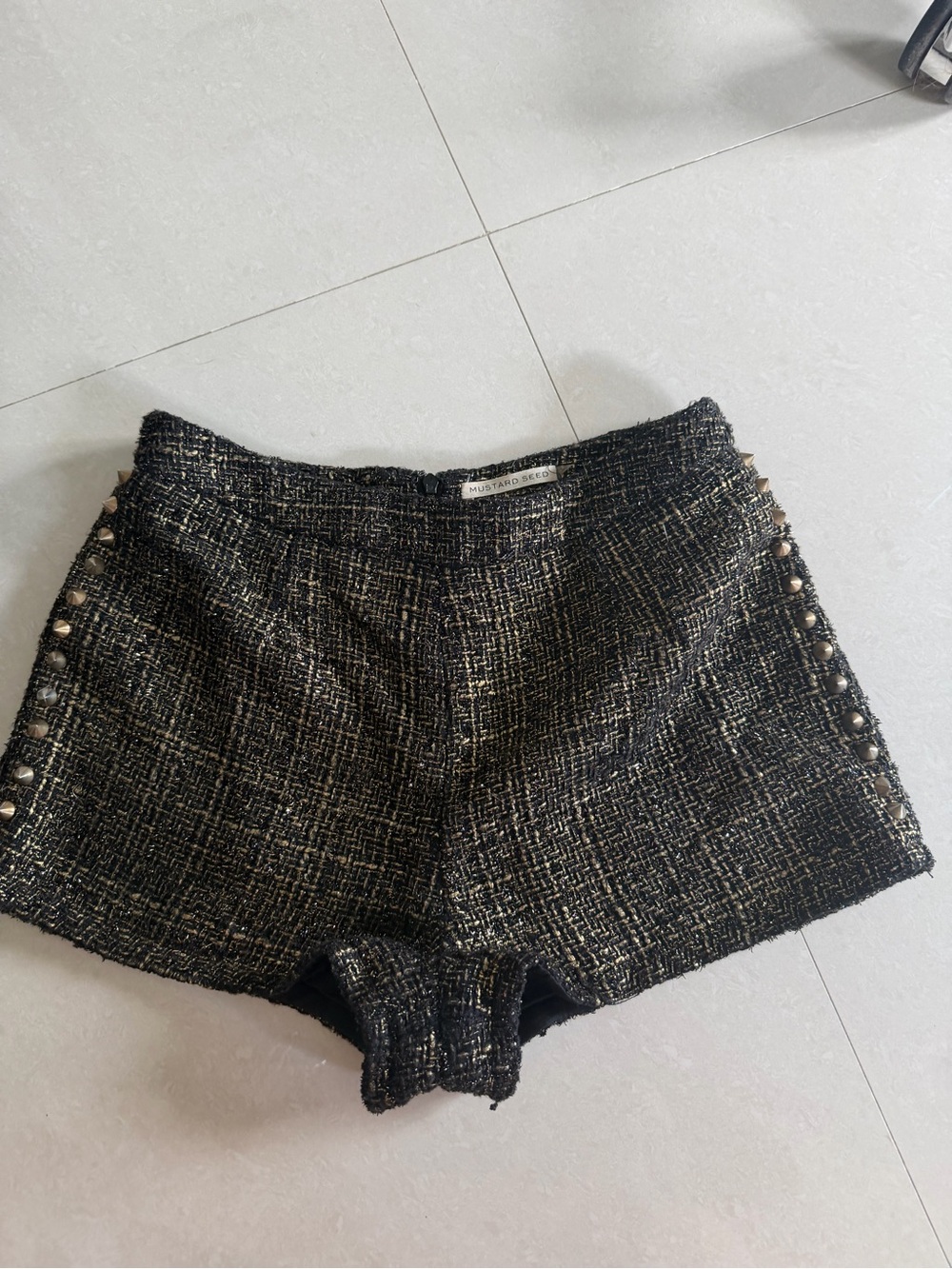 Mustard Seed Black Tweed High-Waist Shorts with Side Button Trim